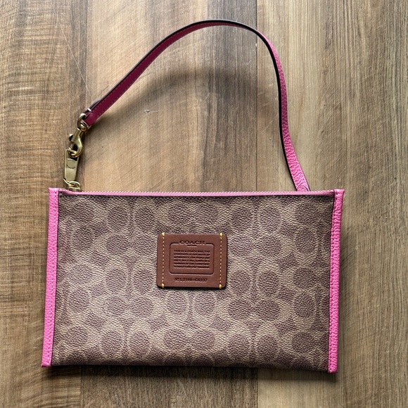 Coach Signature Canvas Wristlet Pouch Brown & Pink Leather Trim - Picture 3 of 10
